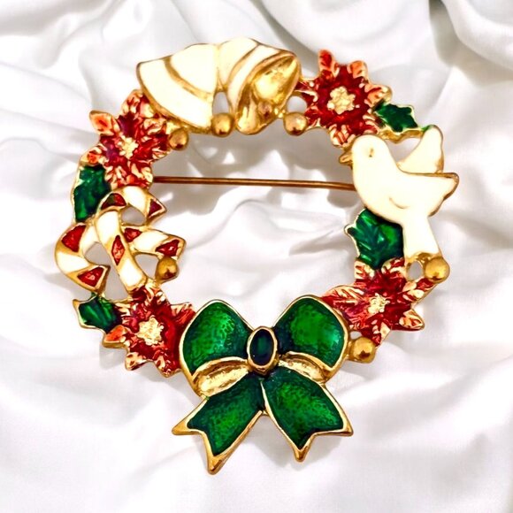 Vintage Enameled Christmas Wreath Brooch/Pin - Picture 5 of 5